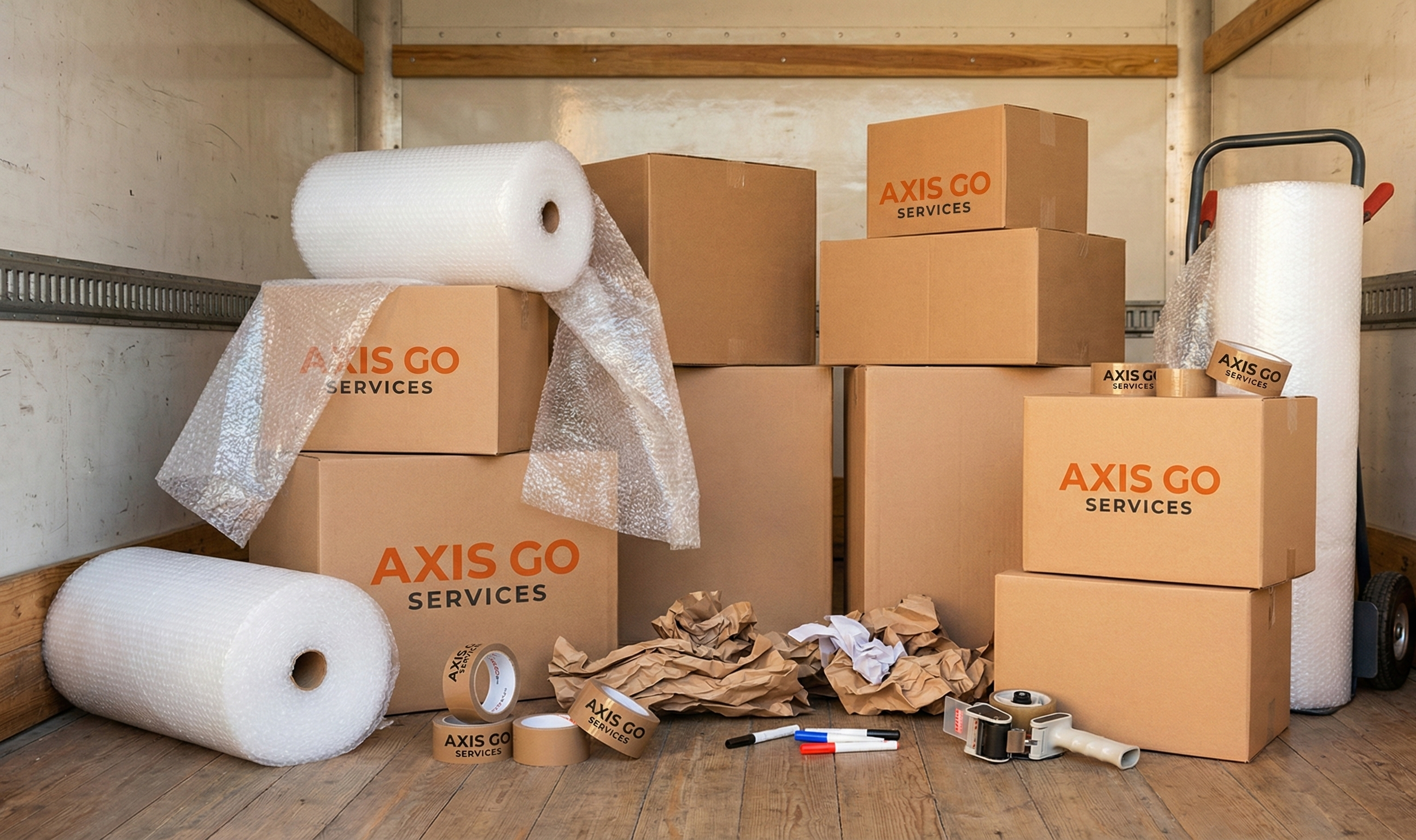 Bubble wrap, boxes and tape